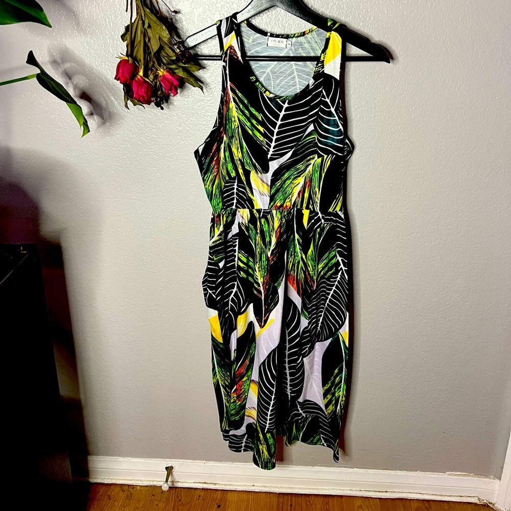 OURS tropical black & green cotton midi dress with racer back, size small